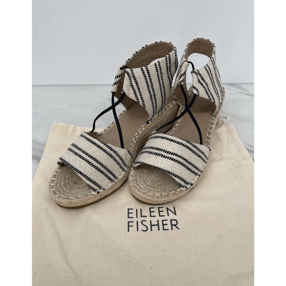 Eileen Fisher Agnes Espadrille Wedge Sandals Natural Black Size 8.5